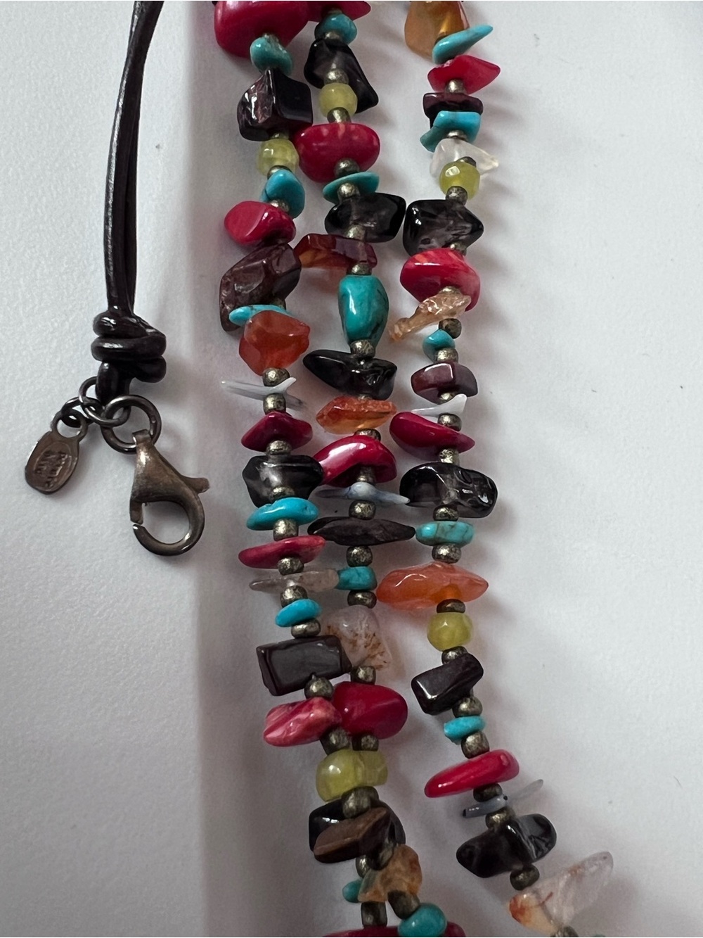 Peyote Bird vintage multi-strand necklace gem stone rock chips 925 sterling bead